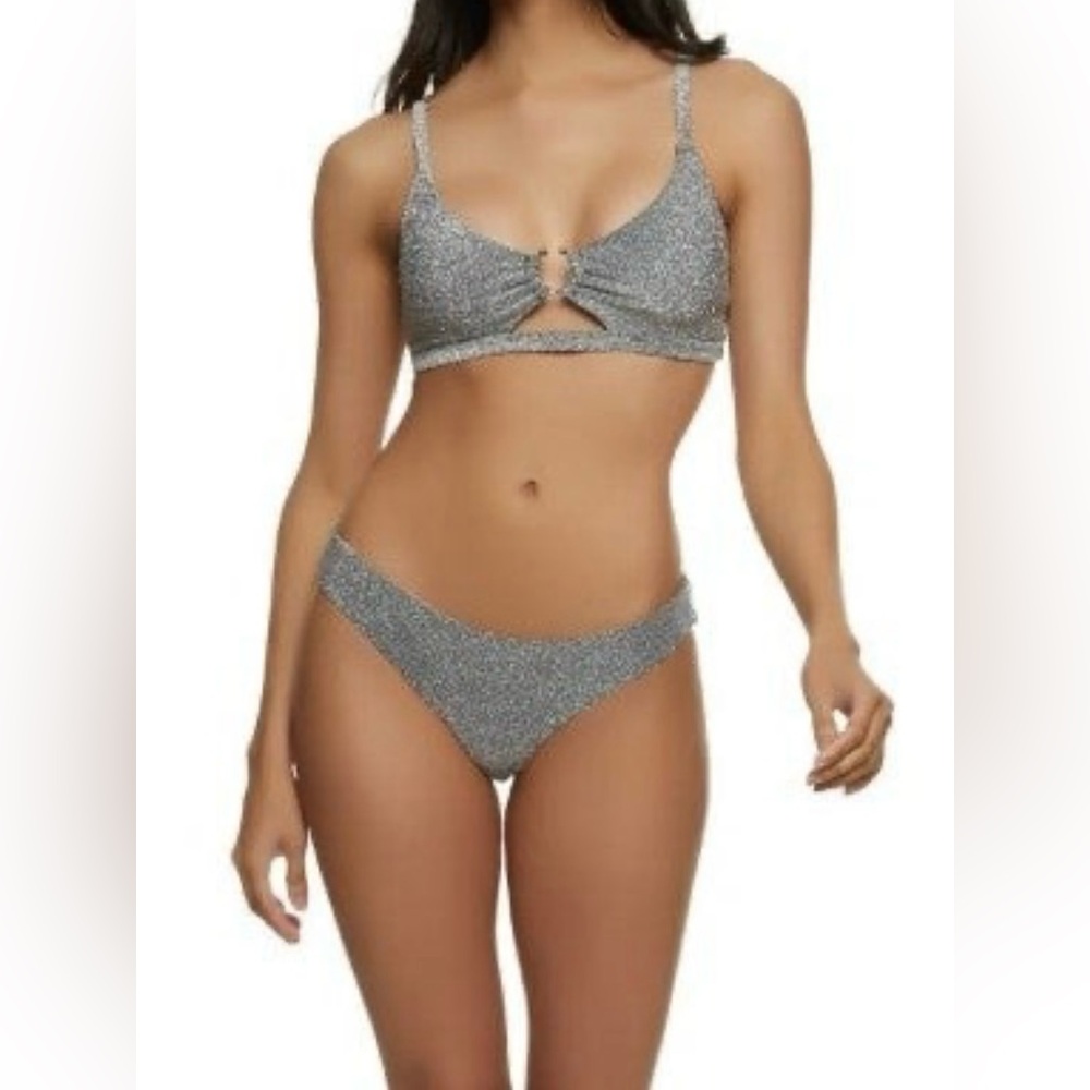 BEBE Metallic Lurex Bikini Swimsuit Silver New XL